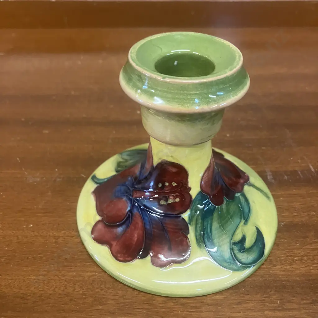 Moorcroft Pottery Hibiscus Pattern Squat Candlestick With Queen Mary Label. 8.5cm Image 1++