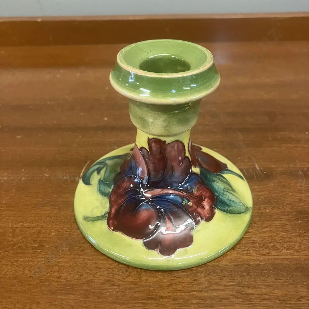 Moorcroft Pottery Hibiscus Pattern Squat Candlestick With Queen Mary Label. 8.5cm Image 1++