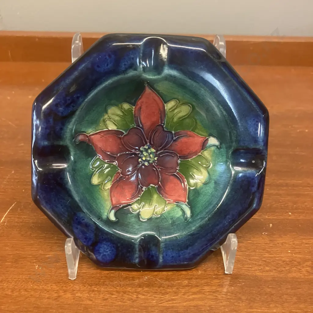 Moorcroft Pottery Columbine Pattern Octagonal Ashtray, Signed, c1950s. W11cm Image 1++