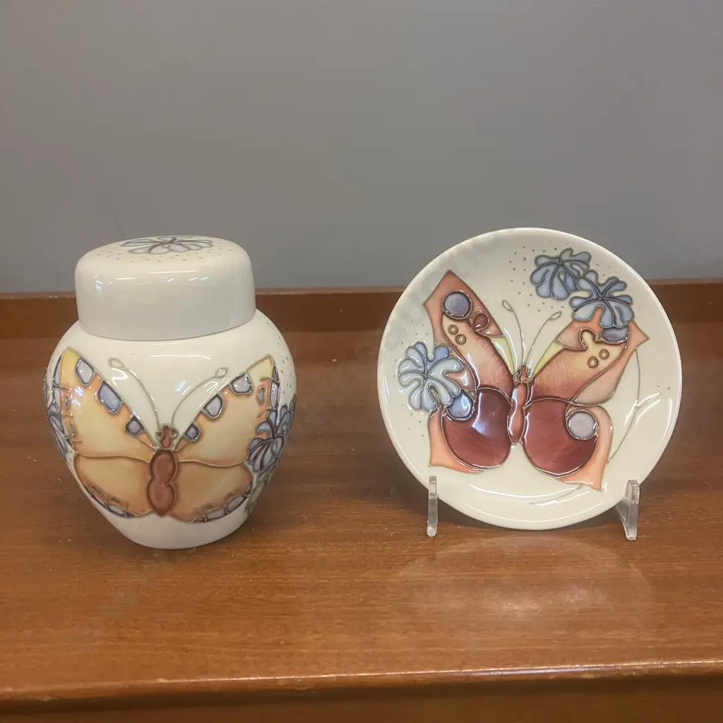 Moorcroft Butterfly Pattern Ginger Jar 10.5cm & Butterfly Pin Dish 10.5cm Image 1++