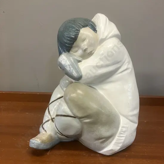 Retired Large Lladro Gres Eskimo Boy Napping, Blue White H27cm.