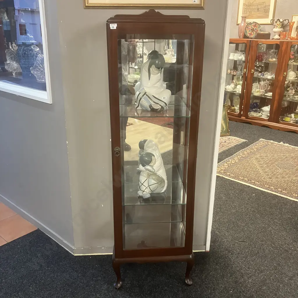 Queen Anne Style Mahogany Single Door Display Cabinet. Mirror Back, 4 Glass Shelves. H158 W45.5 D33cm Image 1++