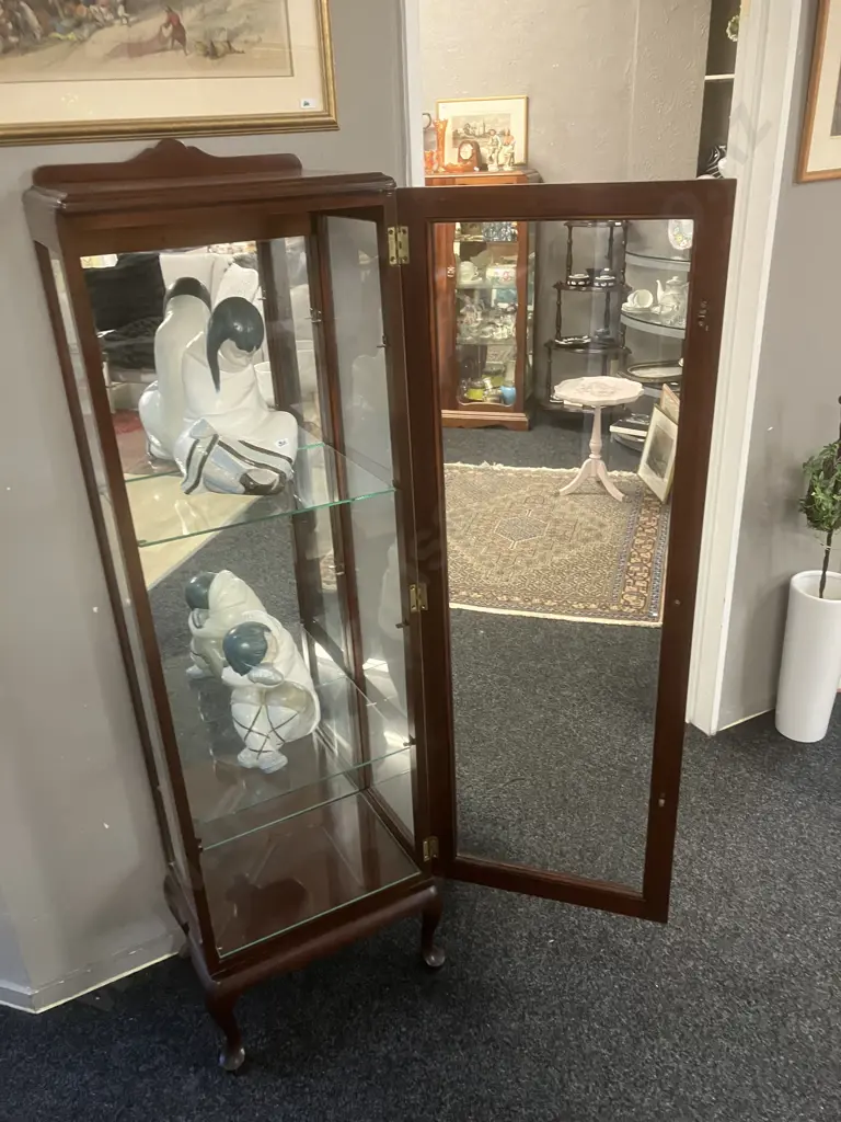 Queen Anne Style Mahogany Single Door Display Cabinet. Mirror Back, 4 Glass Shelves. H158 W45.5 D33cm Image 1++