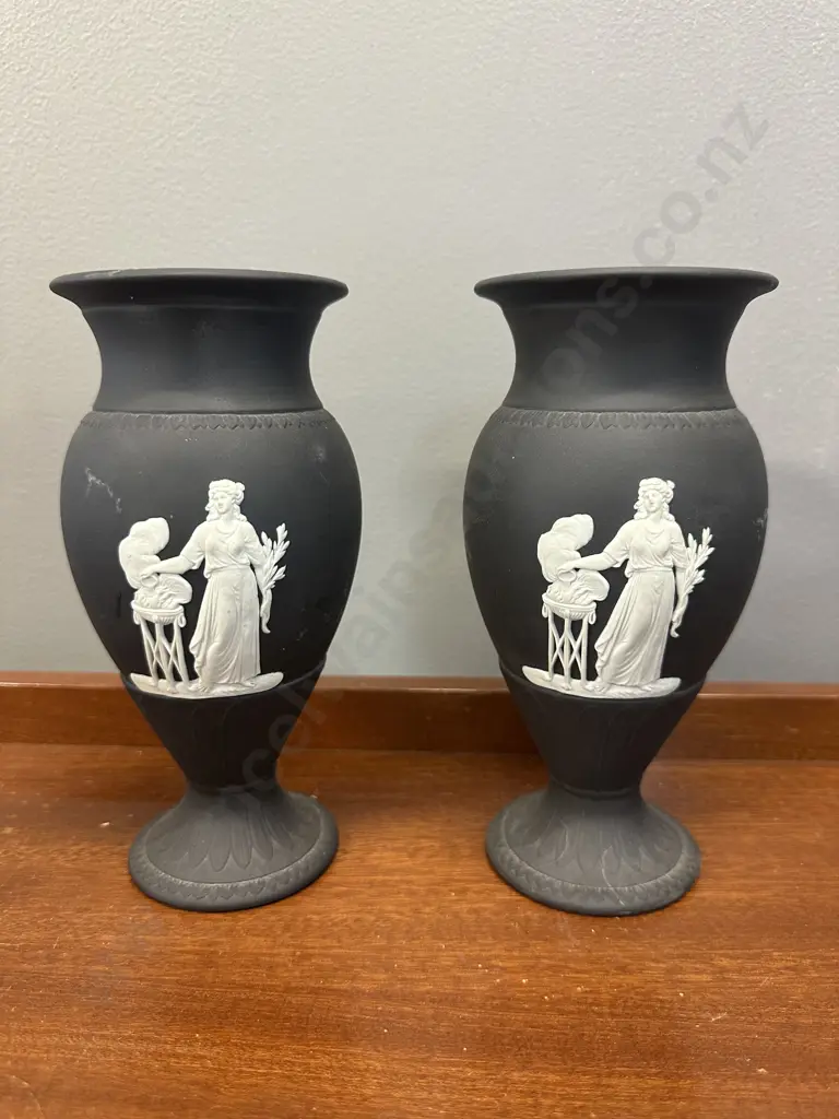Pair Of Wedgwood Black Basalt Vases With Classical Relief Detail H19cm. Image 1++
