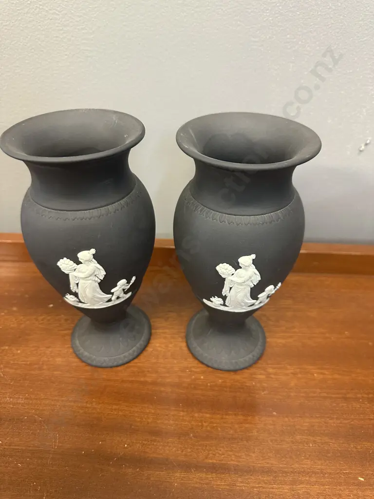 Pair Of Wedgwood Black Basalt Vases With Classical Relief Detail H19cm. Image 1++