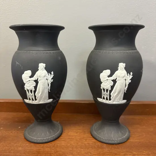 Pair Of Wedgwood Black Basalt Vases With Classical Relief Detail H19cm.