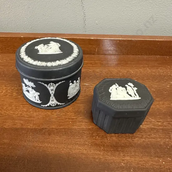 Wedgwood Jasperware Black Lidded Cigarette Jar & Rectangular Trinket Dish