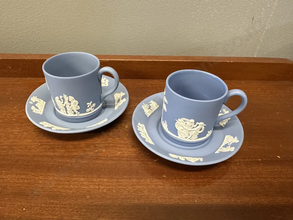Pair Of Wedgwood Blue & White Jasperware Demitasse Espresso Duos Image 1++