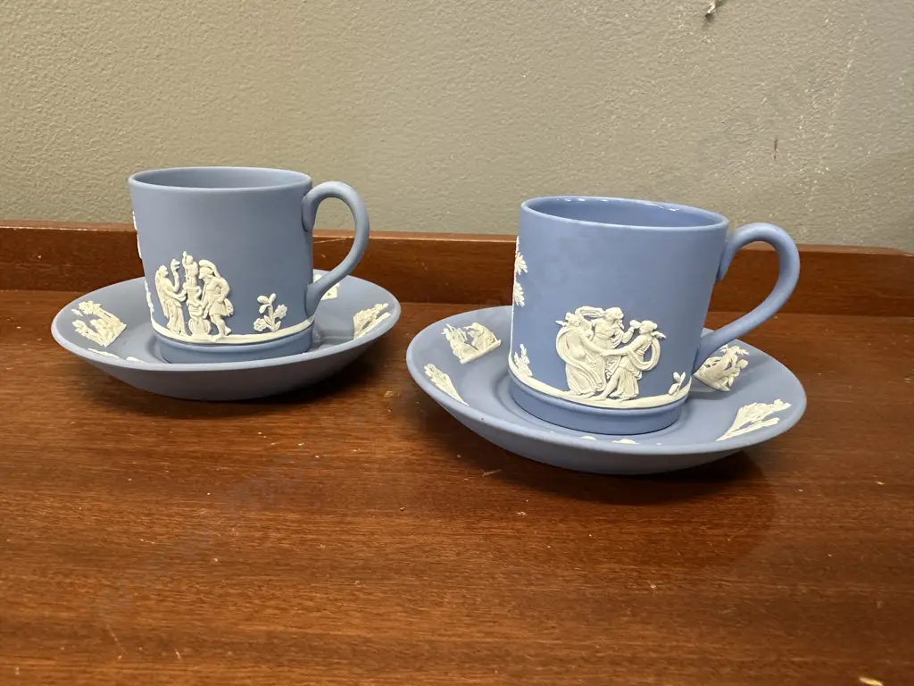 Pair Of Wedgwood Blue & White Jasperware Demitasse Espresso Duos Image 1++