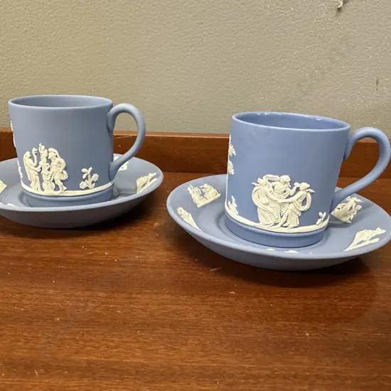 Pair Of Wedgwood Blue & White Jasperware Demitasse Espresso Duos