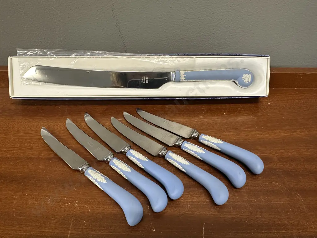Wedgwood Sheffield Brides Knife In Box With Set Of Six Vintage Phillip Ashberry Sheffield Fruit Knives Pale Blue & White Image 1++