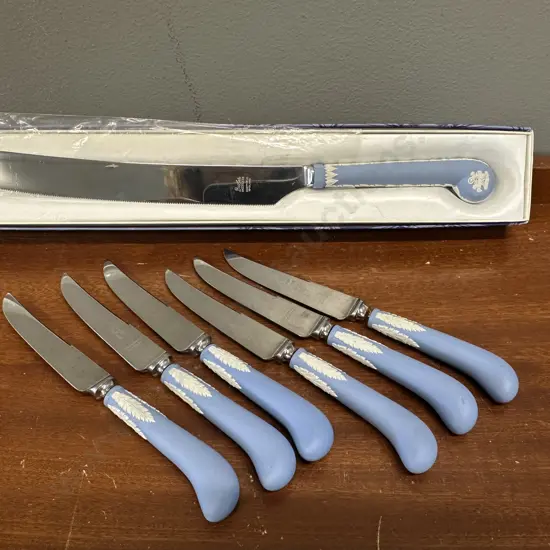 Wedgwood Sheffield Brides Knife In Box With Set Of Six Vintage Phillip Ashberry Sheffield Fruit Knives Pale Blue & White