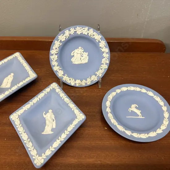  Wedgwood Blue & White Jasperware Dishes Including Round & Diamond Shape