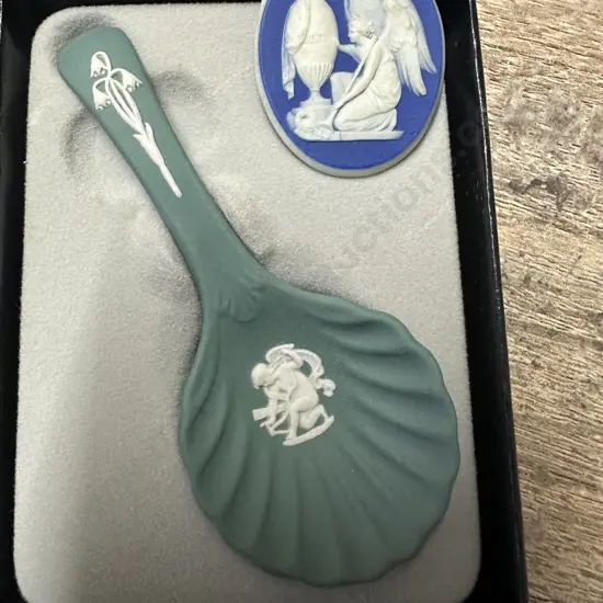Wedgwood Blue Jasperware Cameo From A Brooch & Teal Green Christening Spoon