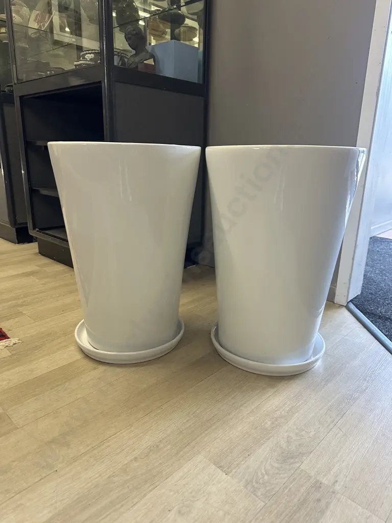 Pair Of White Outdoor Planter Pots With Saucers H53,Dia36cm. Image 1++