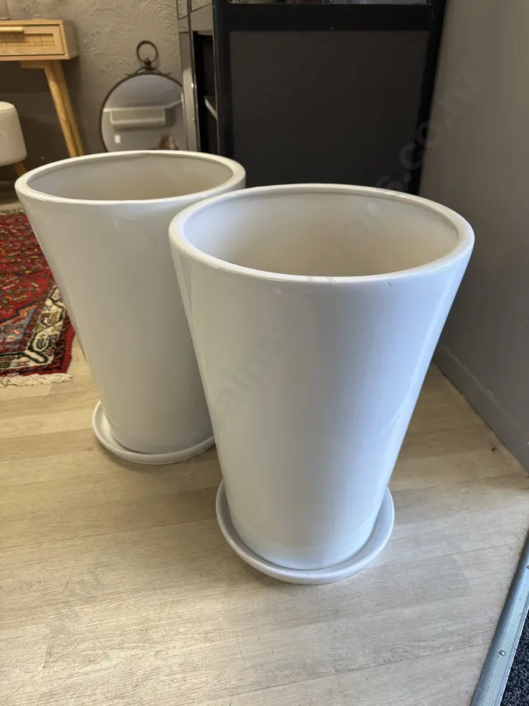Pair Of White Outdoor Planter Pots With Saucers H53,Dia36cm. Image 1++