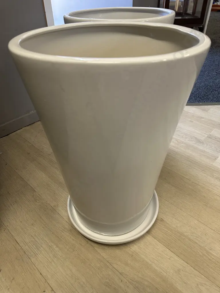 Pair Of White Outdoor Planter Pots With Saucers H53,Dia36cm. Image 1++