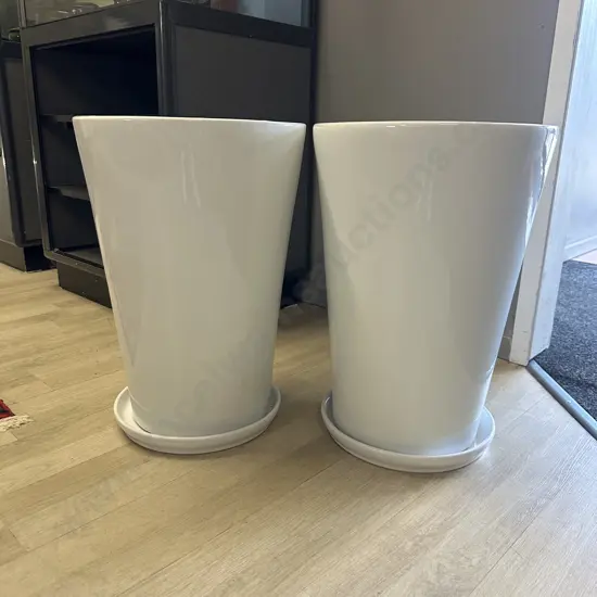 Pair Of White Outdoor Planter Pots With Saucers H53,Dia36cm.
