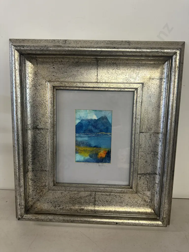 Framed Contemporary Signed Abstract Painting Landscape Of Mountains & Water H50,W44cm. Image 1++