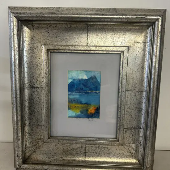 Framed Contemporary Signed Abstract Painting Landscape Of Mountains & Water H50,W44cm.
