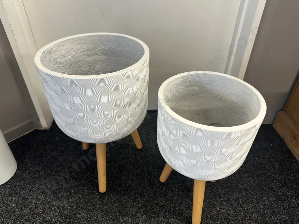 Pair Of White Patterned Tripod Planters H41 &46cm. Image 1++
