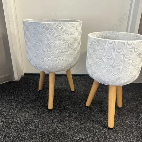 Pair Of White Patterned Tripod Planters H41 &46cm.