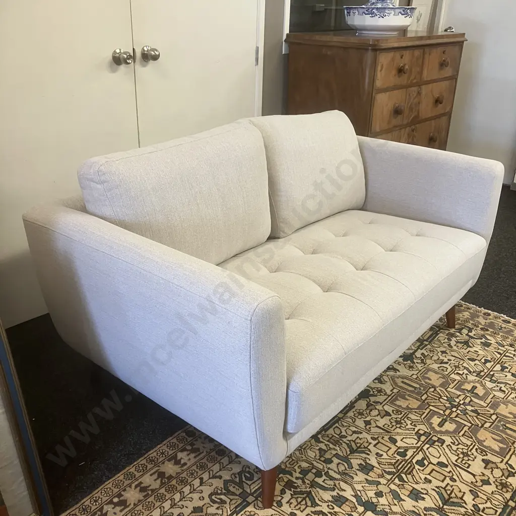 Mid-Century Modern Two Seater White Fabric Sofa Ex Target. H86 W158 D91cm Image 1++