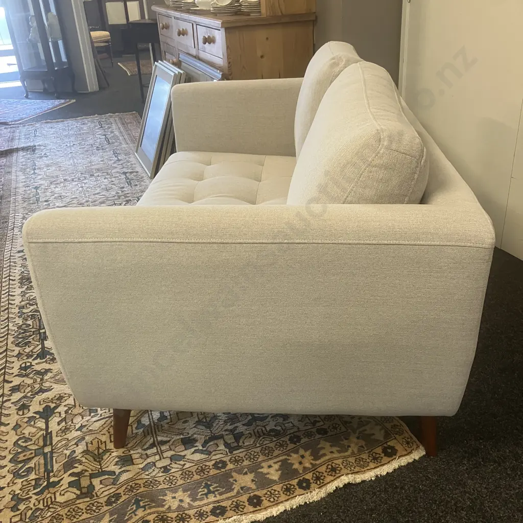Mid-Century Modern Two Seater White Fabric Sofa Ex Target. H86 W158 D91cm Image 1++