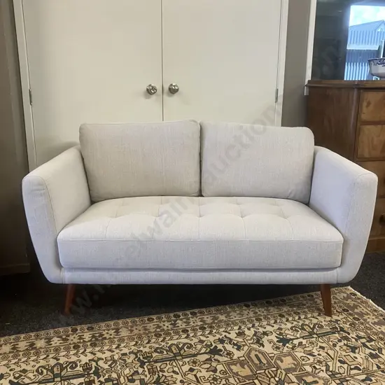 Mid-Century Modern Two Seater White Fabric Sofa Ex Target. H86 W158 D91cm