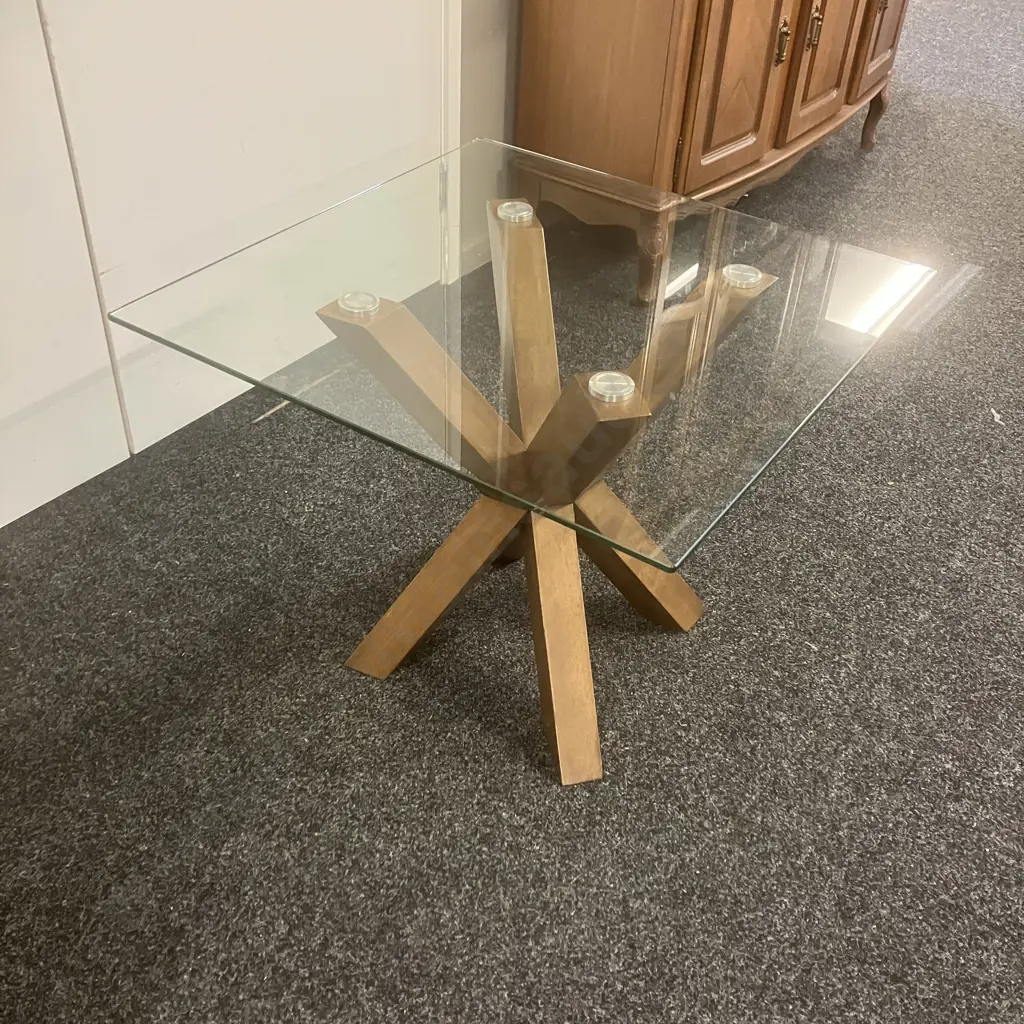 Square Glass Topped Side table With Crossed Legs Base. 55 x 65cm Image 1++
