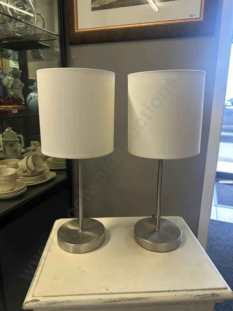 Pair Of Living & Co Table Lamps Brushed Chrome Bases With Cream Shades Image 1++