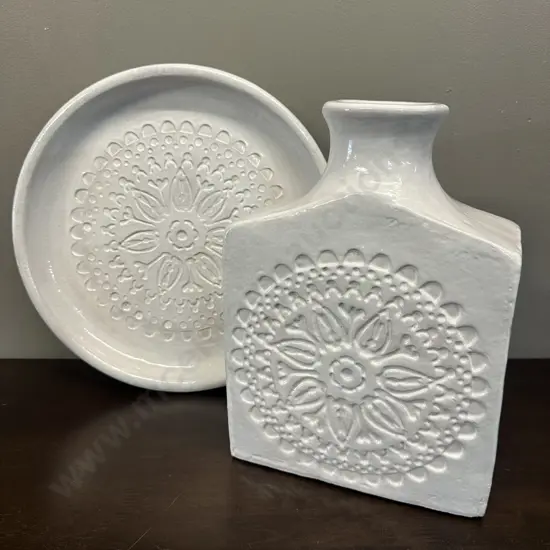 Decorative Floral Relief Vase H32cm & Large Platter Dia35cm.