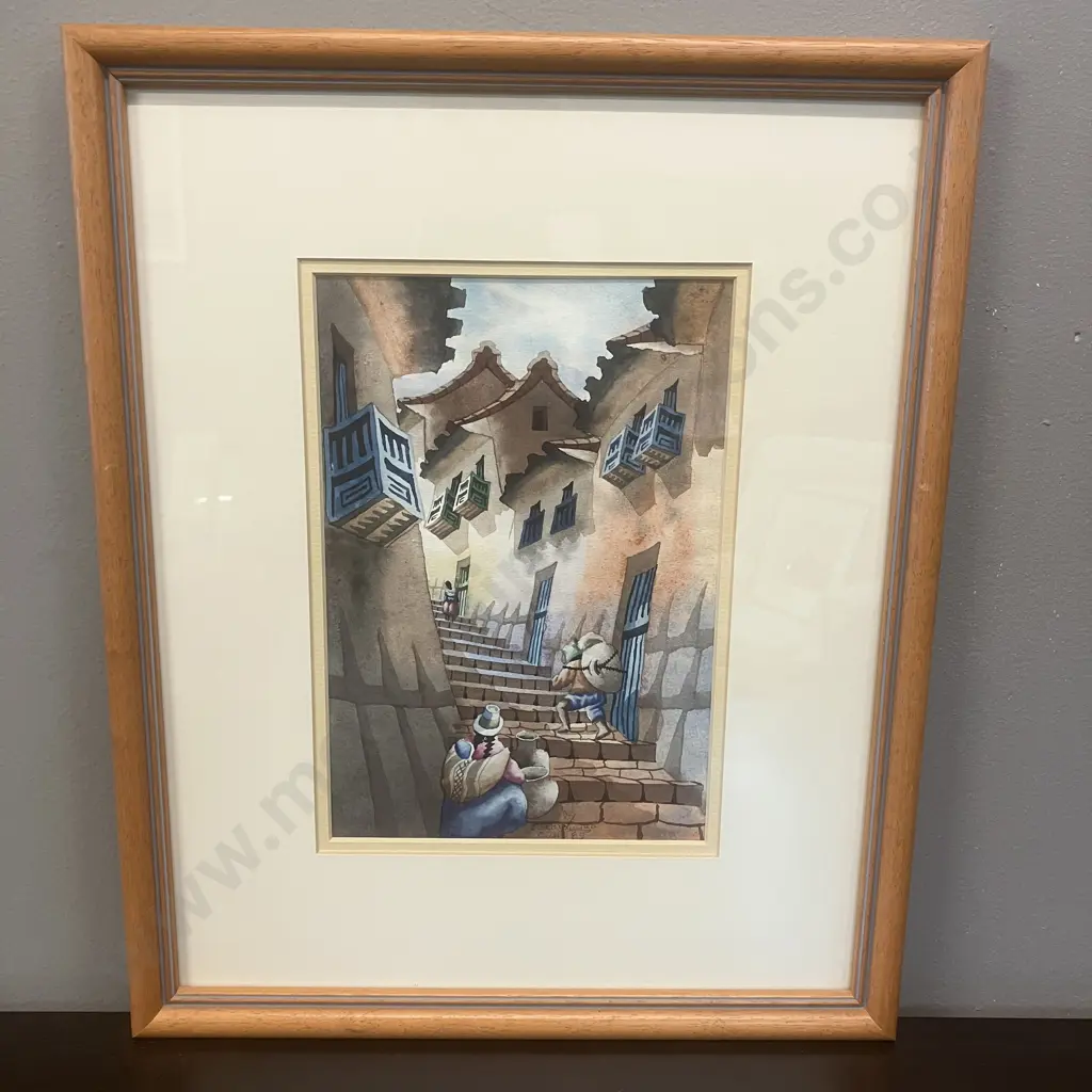 Cusco 89 Peruvian Village Scene Framed Watercolour. 40 x 32cm Image 1++