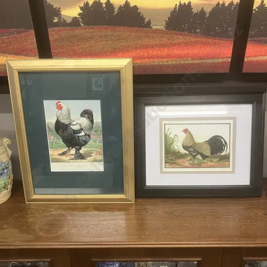 Pair of Framed Vintage Prints of Antique Poultry Lithographs