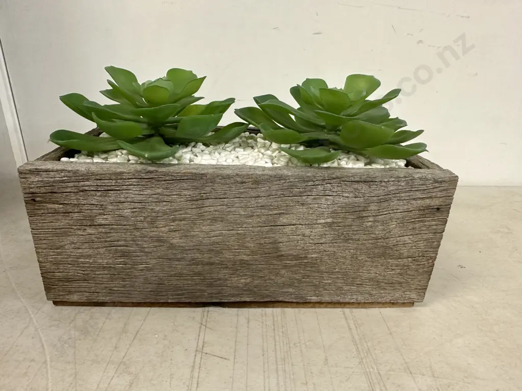 Rustic Rectangular Wooden Planter With Two Faux Succulents H11,W26,D15cm. Image 1++