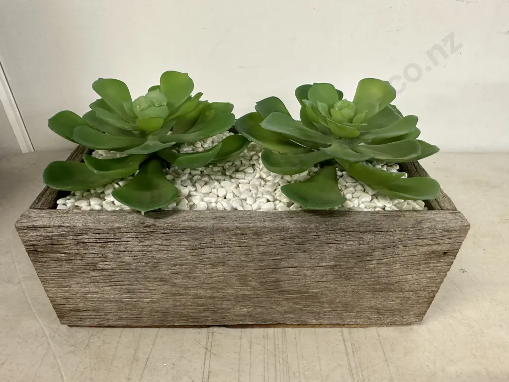 Rustic Rectangular Wooden Planter With Two Faux Succulents H11,W26,D15cm. Image 1++