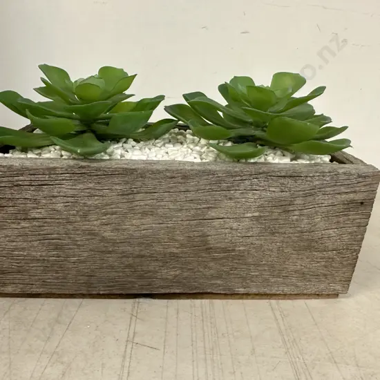 Rustic Rectangular Wooden Planter With Two Faux Succulents H11,W26,D15cm.