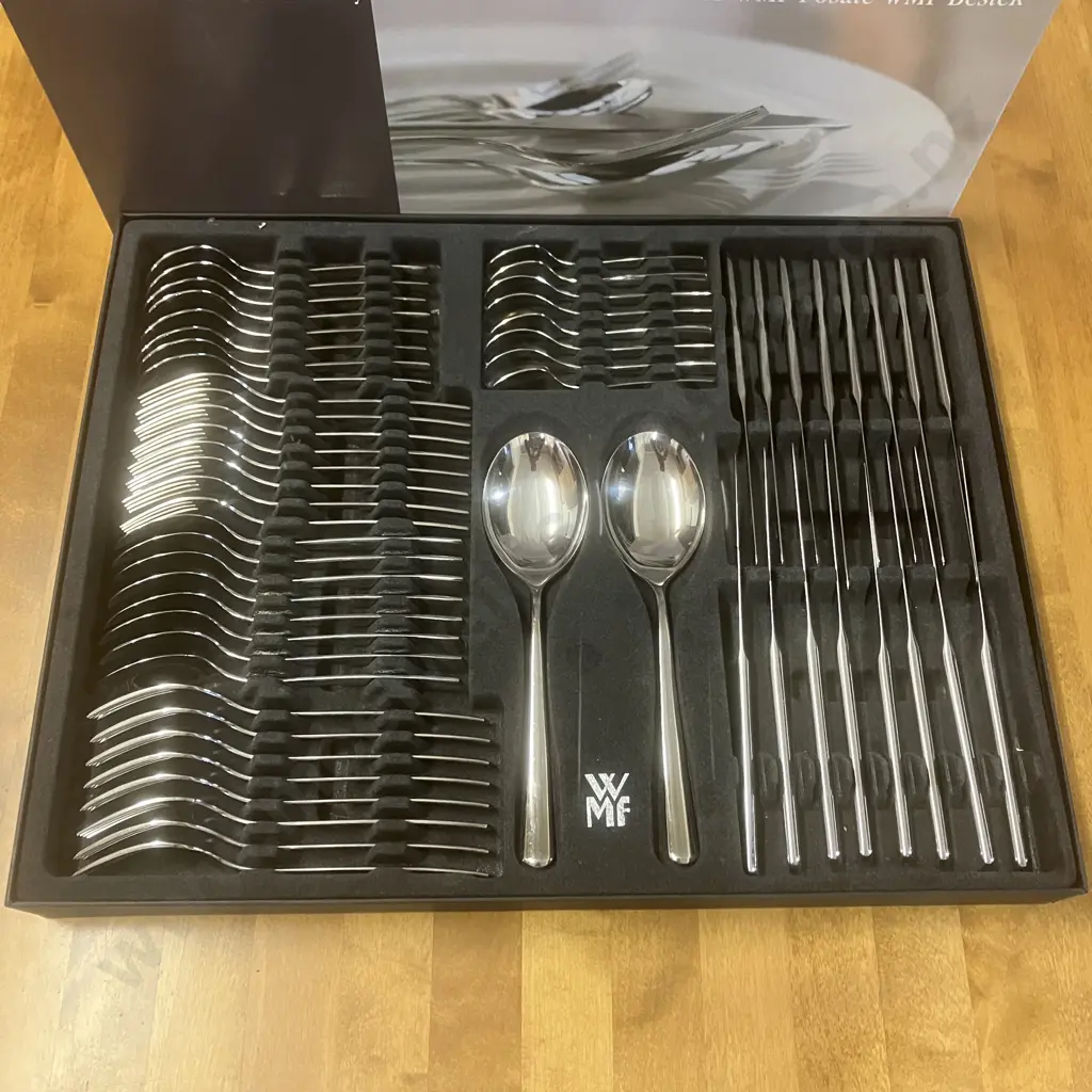 WMF Boston 58 Piece Cutlery Set - 8 Place Settings & Pair of Serving Spoons, Boxed. Cromargan Stainless Steel Image 1++