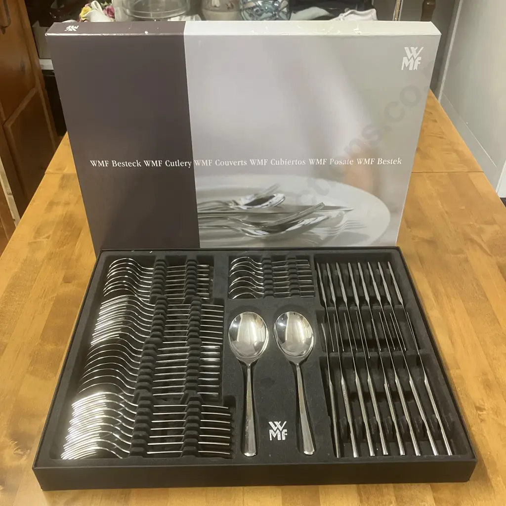 WMF Boston 58 Piece Cutlery Set - 8 Place Settings & Pair of Serving Spoons, Boxed. Cromargan Stainless Steel Image 1++