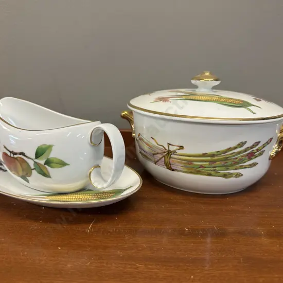 Royal Worcester Evesham Gold Lidded Casserole Dish & Gravy Boat With Under Plate
