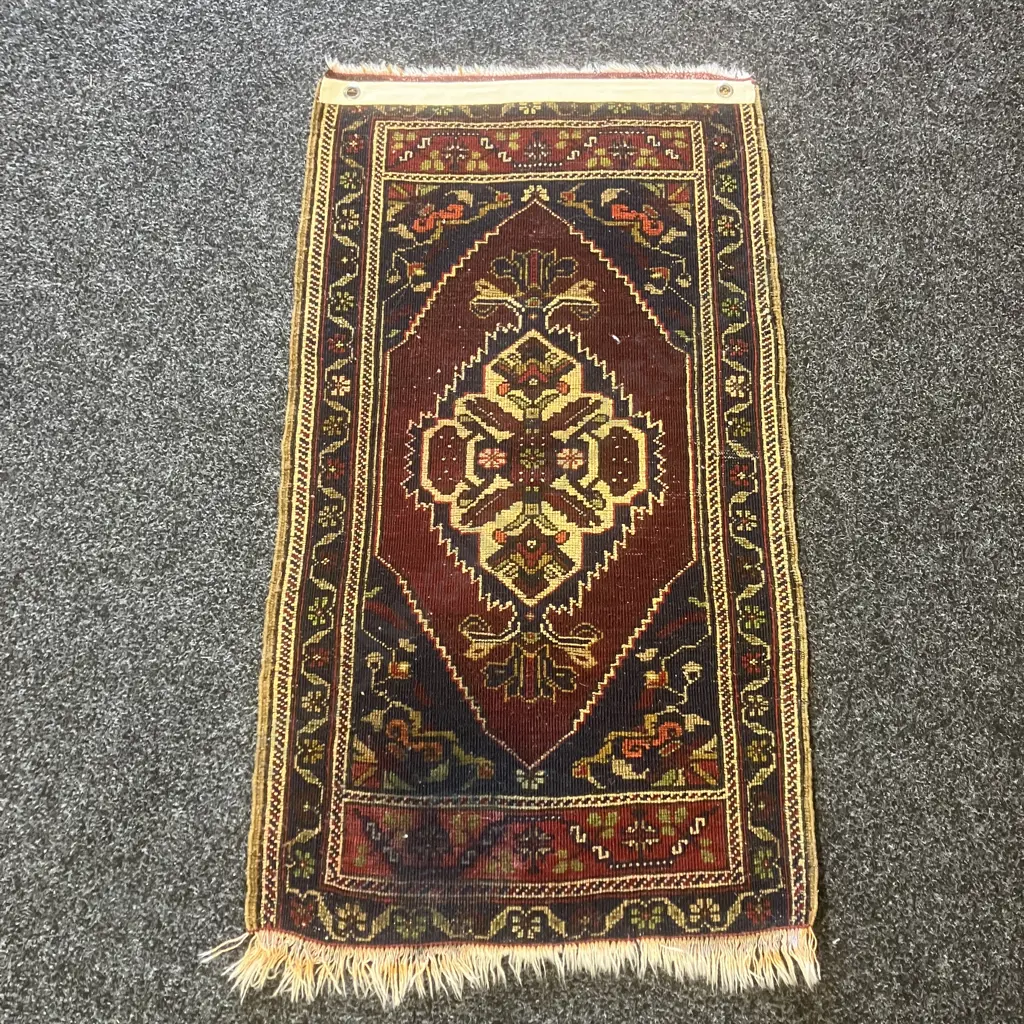 Vintage Hand Knotted Turkish Rug - Blues & Reds 116 x 63cm Image 1++