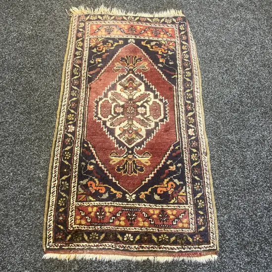 Vintage Hand Knotted Turkish Rug - Blues & Reds 116 x 63cm