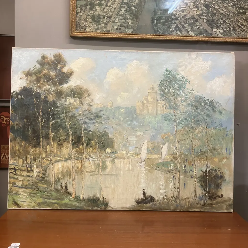 Will Longstaff Original Oil On Canvas - Lake Scene With Boats & Trees Signed. 64 x 89cm Image 1++