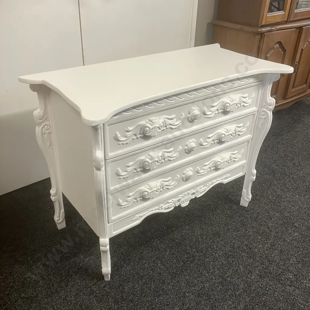 Chateau French Style White Painted Chest Of 3 Drawers. H79 W104.5 D50cm Image 1++