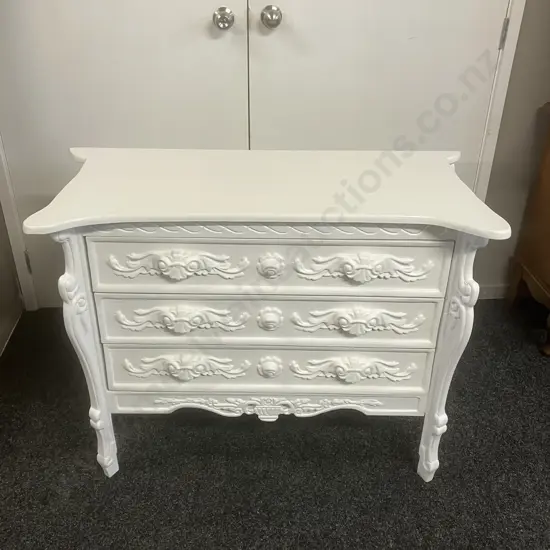 Chateau French Style White Painted Chest Of 3 Drawers. H79 W104.5 D50cm