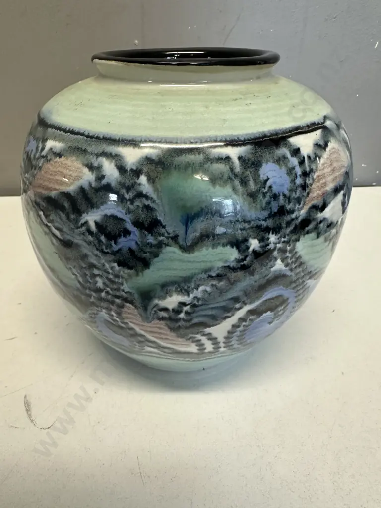 Glazed Ceramic Vase Wave Like Pattern In Shades Of Light Blue, Teal & Pink H20cm. Image 1++