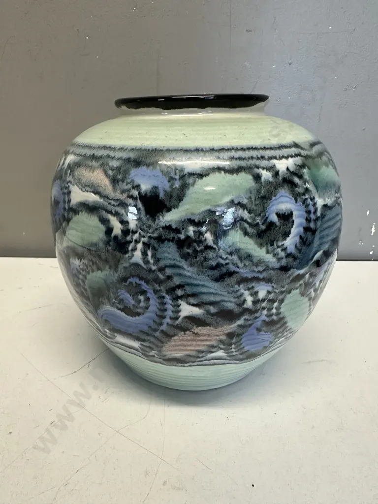 Glazed Ceramic Vase Wave Like Pattern In Shades Of Light Blue, Teal & Pink H20cm. Image 1++