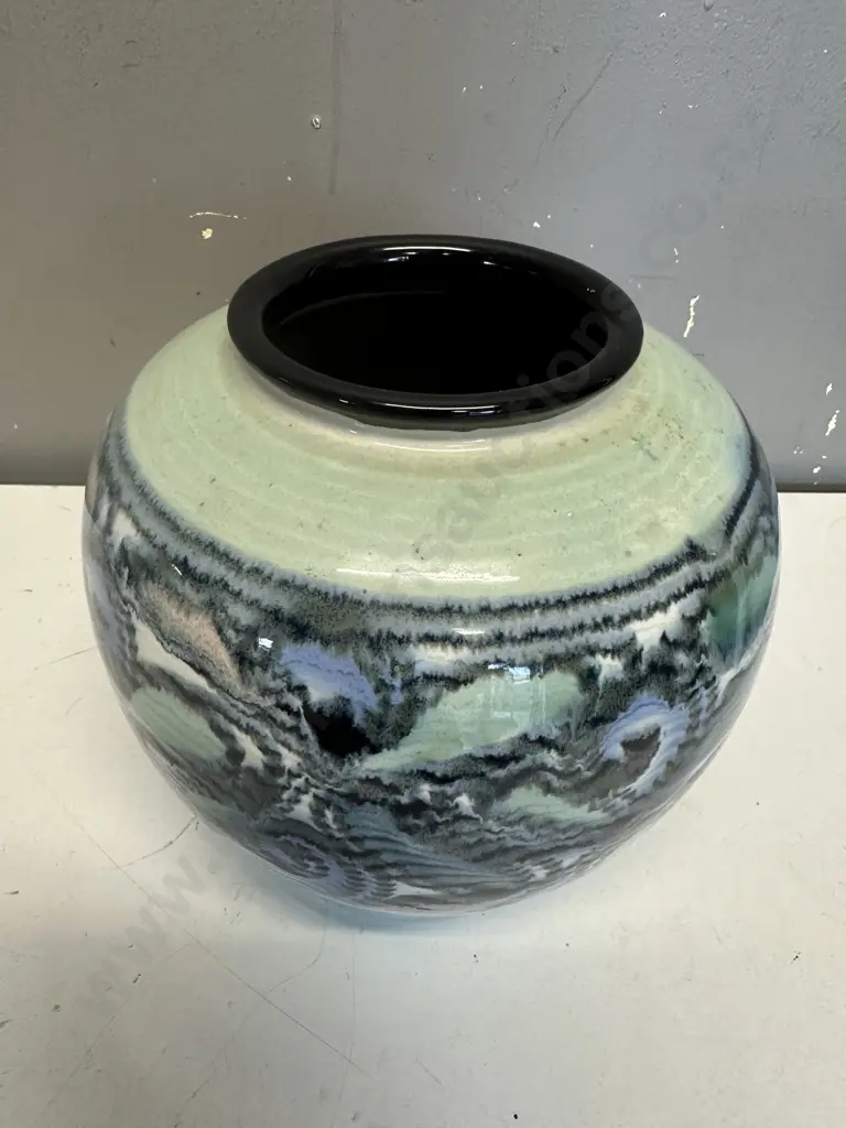 Glazed Ceramic Vase Wave Like Pattern In Shades Of Light Blue, Teal & Pink H20cm. Image 1++