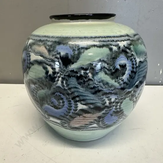 Glazed Ceramic Vase Wave Like Pattern In Shades Of Light Blue, Teal & Pink H20cm.