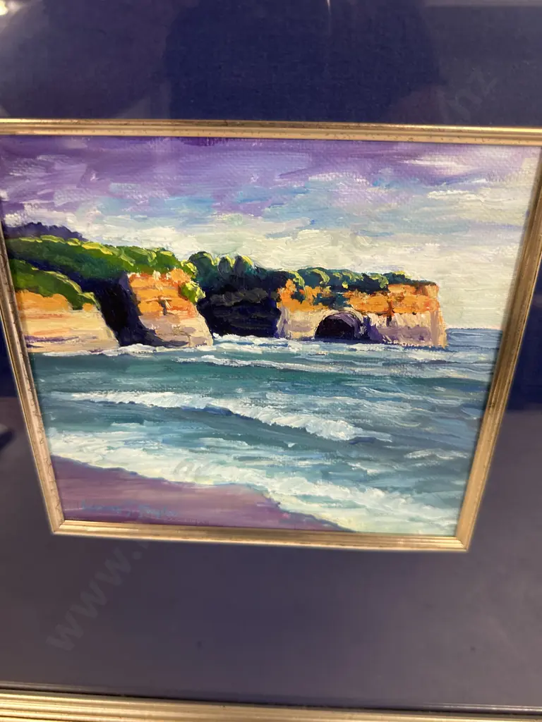 Gilt Framed Signed Original Lynne Sinclair Taylor Painting 'Taranaki Coast' H49,W49cm. Image 1++